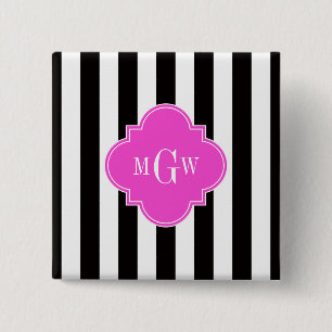 Black White Stripe Hot Pink Quatrefoil 3 Monogram Vierkante Button 5,1 Cm
