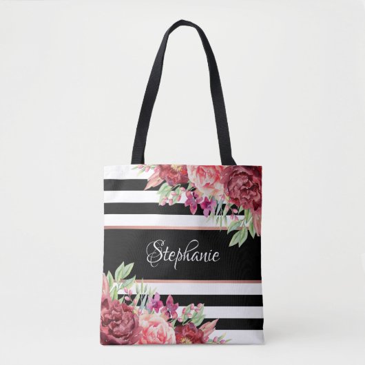 Black White Stripe Modern Floral, speciaal geperso Draagtas (Voorkant)