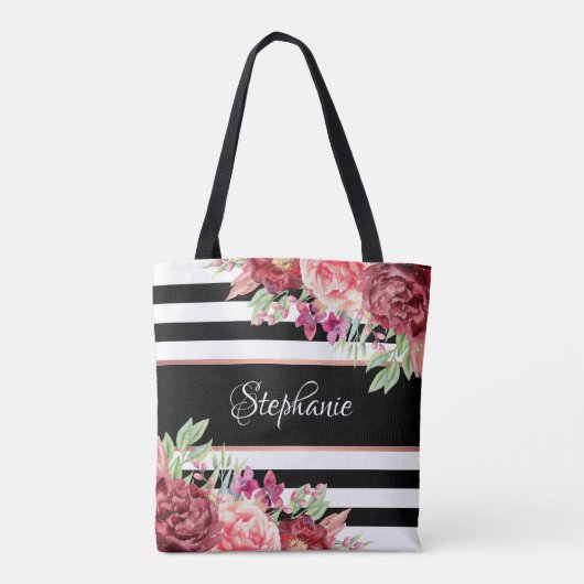 Black White Stripe Modern Floral, speciaal geperso Draagtas (Achterkant)