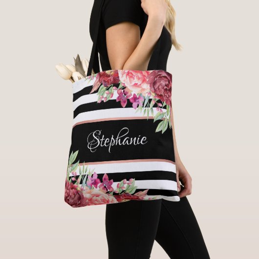 Black White Stripe Modern Floral, speciaal geperso Draagtas (Dichtbij)