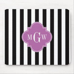 Black White Stripe Orchid Quatrefoil 3 Monogram Muismat