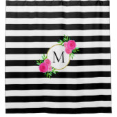 Black White Stripe Pink Waterverf Floral Monogram Douchegordijn (Voorkant)