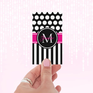 Black White Stripe Polka Dot Hot Pink Monogram Visitekaartje