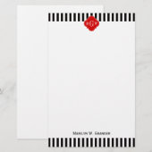 Black White Stripe Red Quatrefoil 3 Monogram Briefpapier (Voorkant / Achterkant)