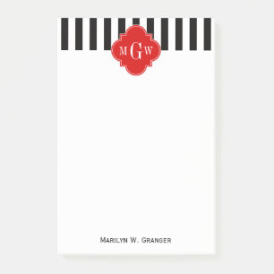 Black White Stripe Red Quatrefoil 3 Monogram Post-it® Notes