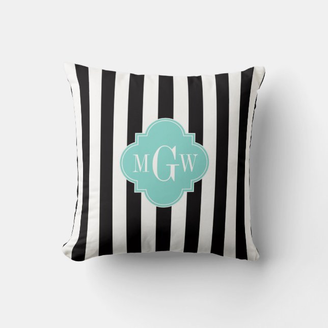 Black White Stripe Turquoise Quatrefoil 3 Monogram Kussen (Voorkant)