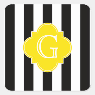 Black White Stripe Yellow Quatrefoil Monogram Vierkante Sticker