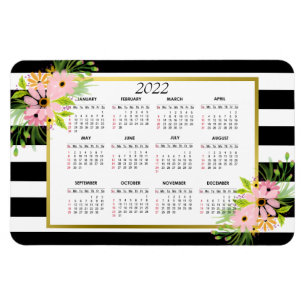Black White Striped Floral Gold   Agenda 2022 Magneet