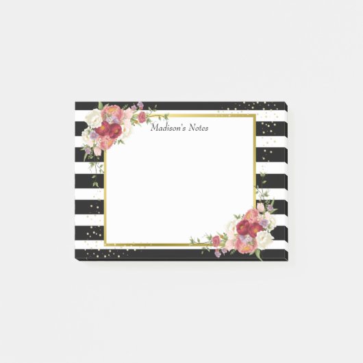 Black White Striped Floral Gold | Gepersonaliseerd Post-it® Notes (Voorkant)