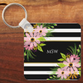 Black White Striped Floral Gold Specialized Sleutelhanger (Voorkant)