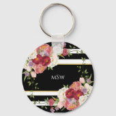 Black White Striped Peonies & Gold Persoonlijk Sleutelhanger (Voorkant)