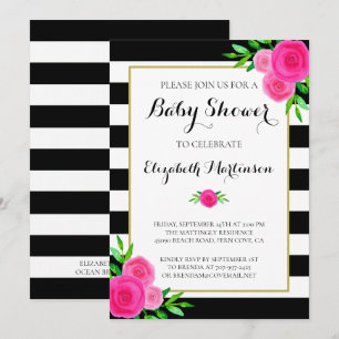 Black White Striped Waterverf Floral Baby shower Kaart