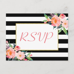 Black White Stripes Floral Gold Wedding RSVP Antwo Uitnodiging Briefkaart