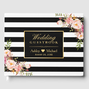Black White Stripes Floral Mariage Livre d'or