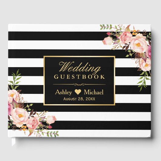 Black White Stripes Floral Mariage Livre d'or (Recto)