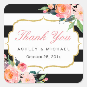 Black White Stripes Floral Wedding Favor Dank je Vierkante Sticker