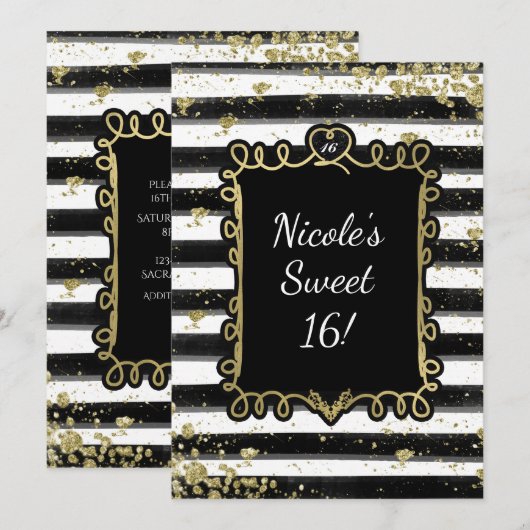 Black & White Stripes Gold Flakes Invitation de la (Devant / Derrière)