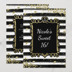 Black & White Stripes Gold Flakes Invitation de la