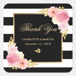 Black White Stripes Gold Floral Weddenschap Hartel Vierkante Sticker