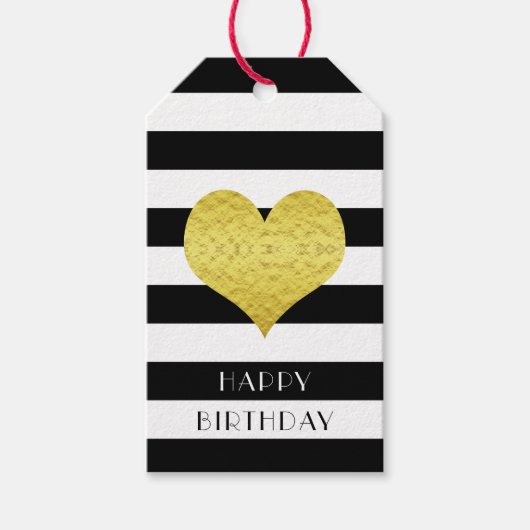 Black White Stripes Gold Heart Happy Birthday Cadeaulabel (Voorkant)