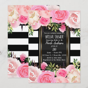 Black White Stripes Gold Pink Floral Vrijgezellenf Kaart