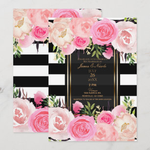 Black White Stripes Gold Pink Floral Wedding Kaart