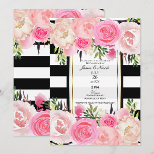 Black White Stripes Gold Pink Floral Wedding Kaart