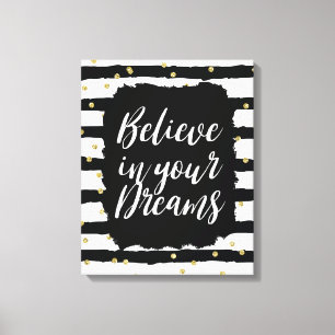 Black White Stripes Gold Sparkly Confetti Dreams Canvas Afdruk