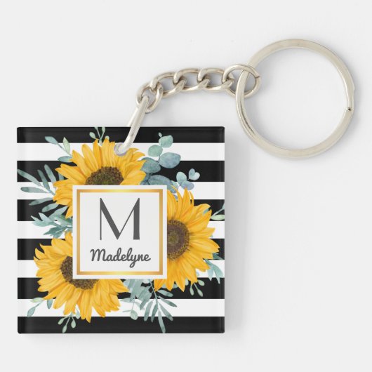 Black White Stripes Gold Sunflower - Aangepast Sleutelhanger (Achterkant)