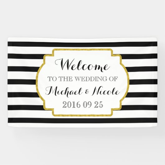 Black White Stripes Gold Weddenschap Welkomstteken Spandoek (Horizontaal)