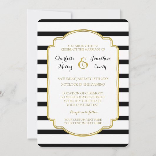 Black White Stripes Gold Wedding Invitations (Dos)
