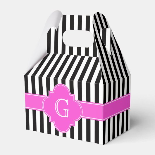 Black White Stripes, hot-roze Quatrefoil monogram Bedankdoosjes (Voorkant Zijde)