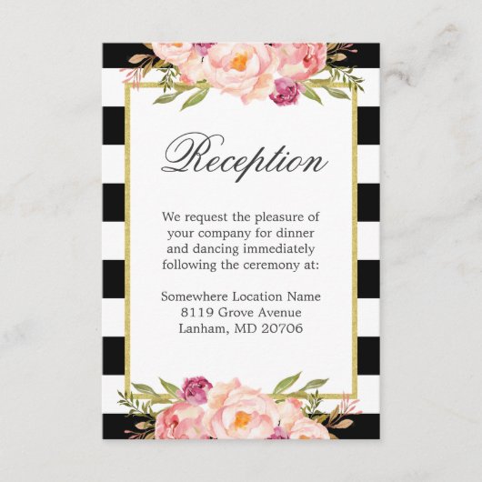 Black White Stripes Pink Floral Wedding Reception Informatiekaartje (Voorkant)