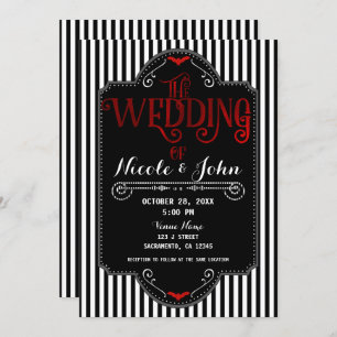 Black White Stripes Red gothic Bat Wedding Kaart