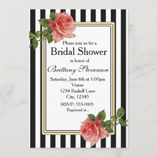 Black White Stripes rose Roses Invitation Vintage