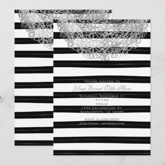 Black & White Stripes & Silver Circle Uitnodiginge Kaart (Voorkant / Achterkant)