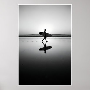 Black & White Surfer bij zonsondergang Poster
