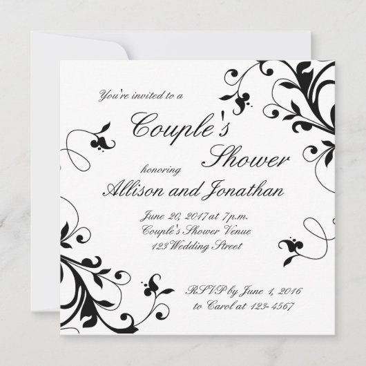 Black White Swirls Couple's Shower Invitation Kaart (Voorkant)
