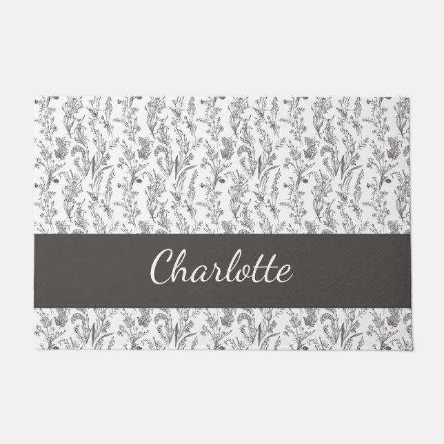 Black White Toile Floral Custom Name Deurmat (Voorkant)