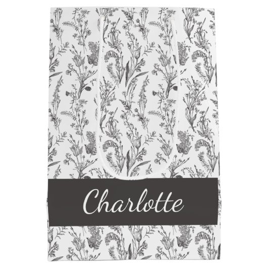 Black White Toile Floral Custom Name Medium Cadeauzakje (Achterkant)