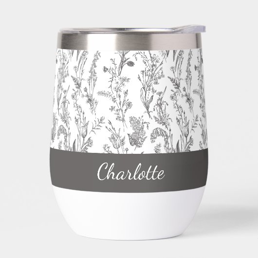 Black White Toile Floral Pattern Custom Name (Gauche)