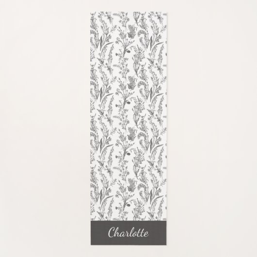 Black White Toile Floral Pattern Custom Name Yogamat (Voorkant)