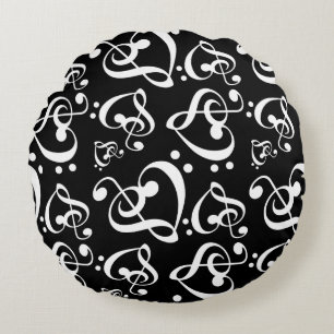 Black White Treble Clef Heart Muzieknoten Patroon Rond Kussen