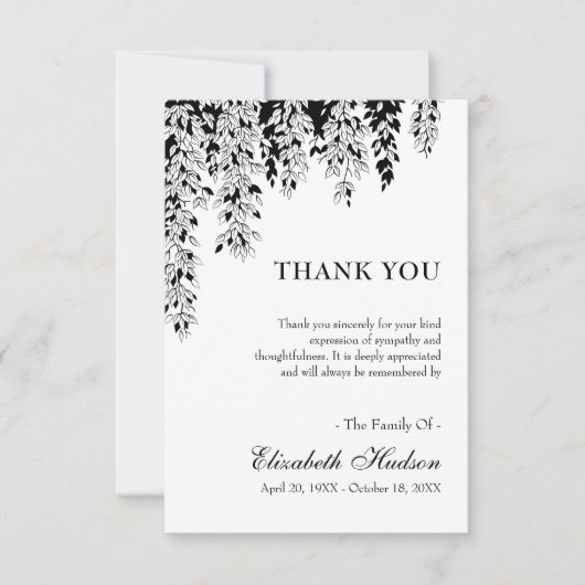 Black White Tree Branch Bereavement Funeral Bedankkaart (Voorkant)
