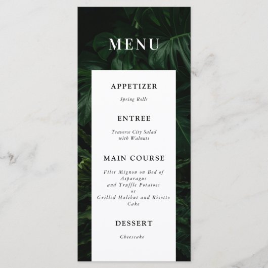 Black White Tropical Monstera Wedding Menu (Voorkant)