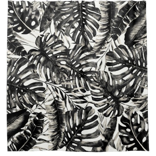 Black & White Tropical Palm Leaves Island Douchegordijn (Voorkant)