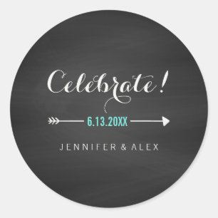 Black White Turquoise Chalkboard Celebrate Wedding Ronde Sticker