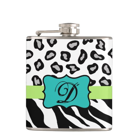 Black White Turquoise Zebra Leopard Skin Monogram Heupfles (Voorkant)