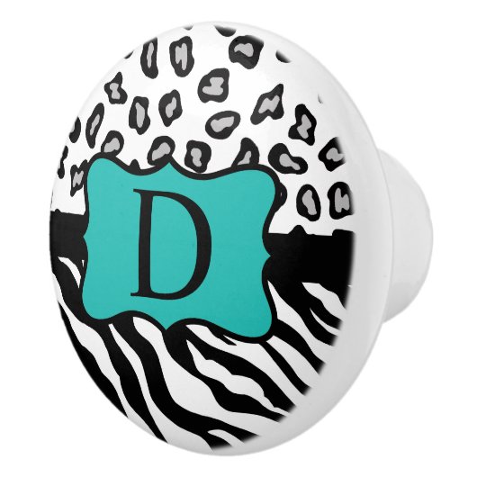 Black White Turquoise Zebra Leopard Skin Monogram Keramische Knop (Rechts)