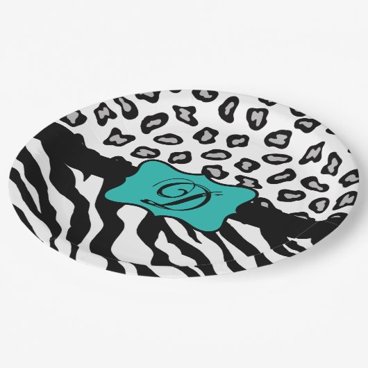 Black White Turquoise Zebra Leopard Skin Monogram Papieren Bordje (Gekanteld)
